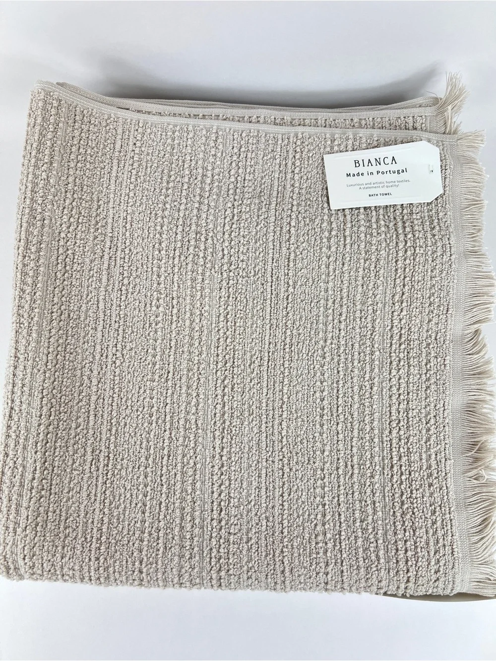 Bianca Bath Towel Set Tan with Fringe Textured Cotton Made in Portugal 4 Pc NEW